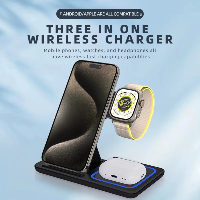 15W Three-in-One Fast Wireless Charger Foldable Desktop Multifunctional with PD Function for Mobile Phone Headset Watch - Electryx