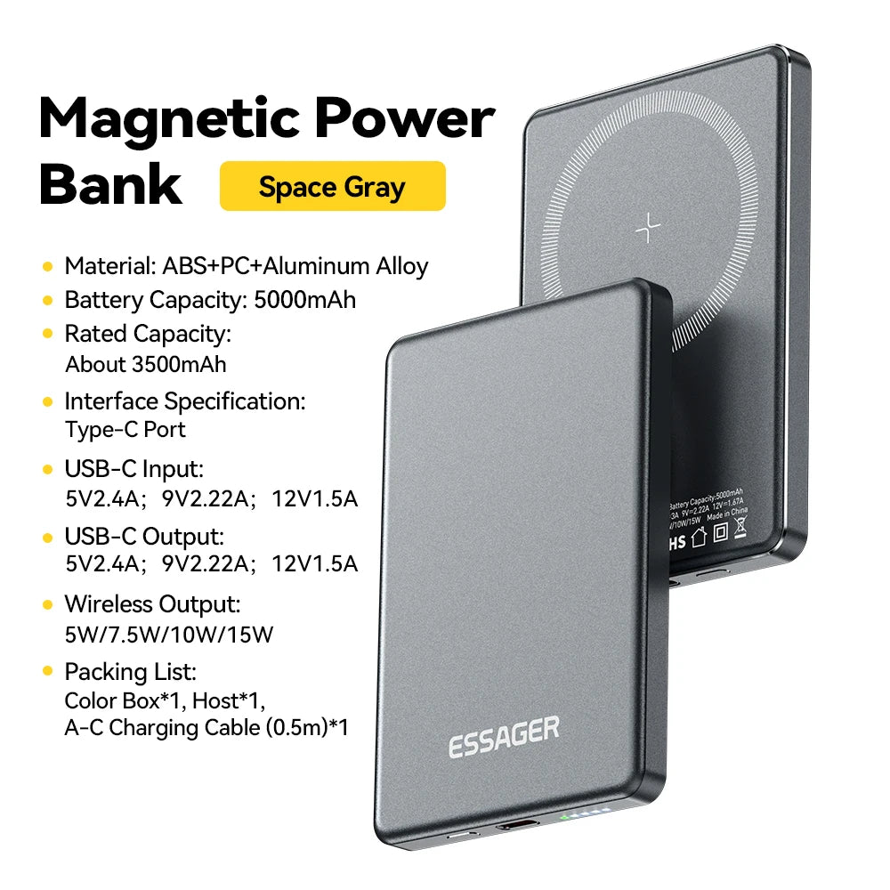 Essager Thin Wireless Power Bank Magnetic 20W 5000mAh Portable Fast Charging External Battery for Magsafe For iPhone 17 16 15 14 - Electryx