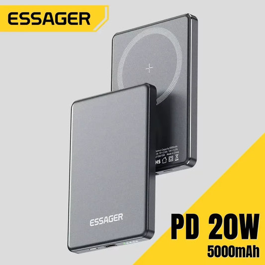Essager Thin Wireless Power Bank Magnetic 20W 5000mAh Portable Fast Charging External Battery for Magsafe For iPhone 17 16 15 14 - Electryx