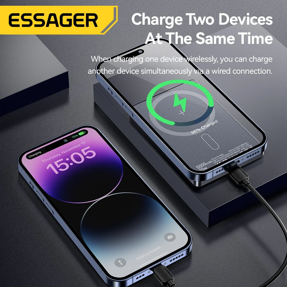Essager Thin Wireless Power Bank Magnetic 20W 5000mAh Portable Fast Charging External Battery for Magsafe For iPhone 17 16 15 14 - Electryx
