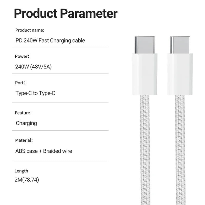 240W USB C to C Charger Cable Type C Fast Charging Braided PD Cable for lPhone 15 16 Series lPad Air Pro MacBook Pro Huawei DELL - Electryx