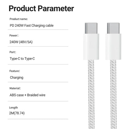 240W USB C to C Charger Cable Type C Fast Charging Braided PD Cable for lPhone 15 16 Series lPad Air Pro MacBook Pro Huawei DELL - Electryx